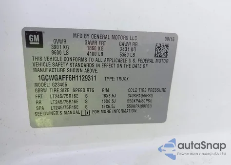 2017 Chevrolet Express 2500 Work Van z USA, uszkodzony, nr VIN 1GCWGAFF6H1129311